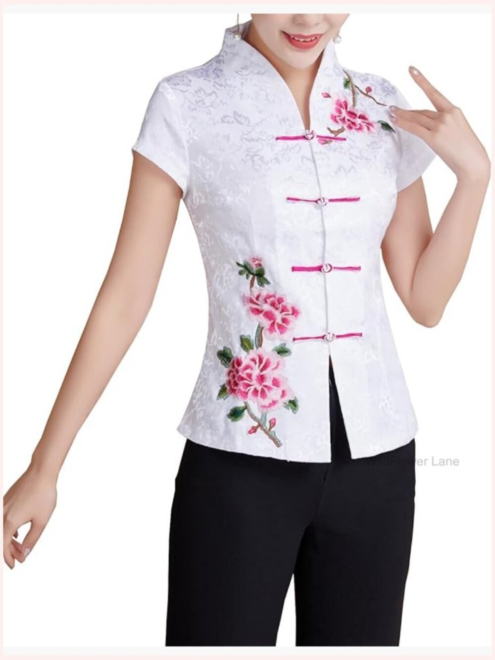 Jacquard Floral Peony Embroidery V-Neck Stand-Collar Blouse